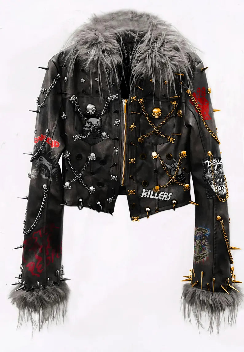 Women’s Custom Punk Leather Jacket, Split Gold & Silver Chain Studs, Shearling Collar Brando Fit with Rage Patchwork Gothic Moto Style