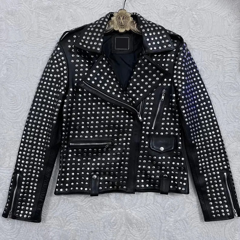 Steampunk Studded Biker Jacket Obsidian Fortress Leather with Full Metal Accent