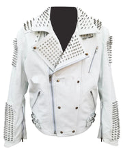 Made To Order Silver Studded White Leather Brando Jacket Men, Leather Jacket Gents Biker Jacket