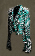 Women Turquoise Blue High Res Spiked Studded Leather Jacket Steam Punk Gothic Rockers Jacket