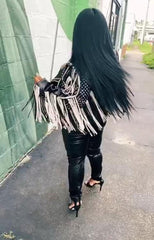 Customized Handcrafted Fringes Women's Black and Silver Color Silver Studded Genuine Leather Jacket (3179)
