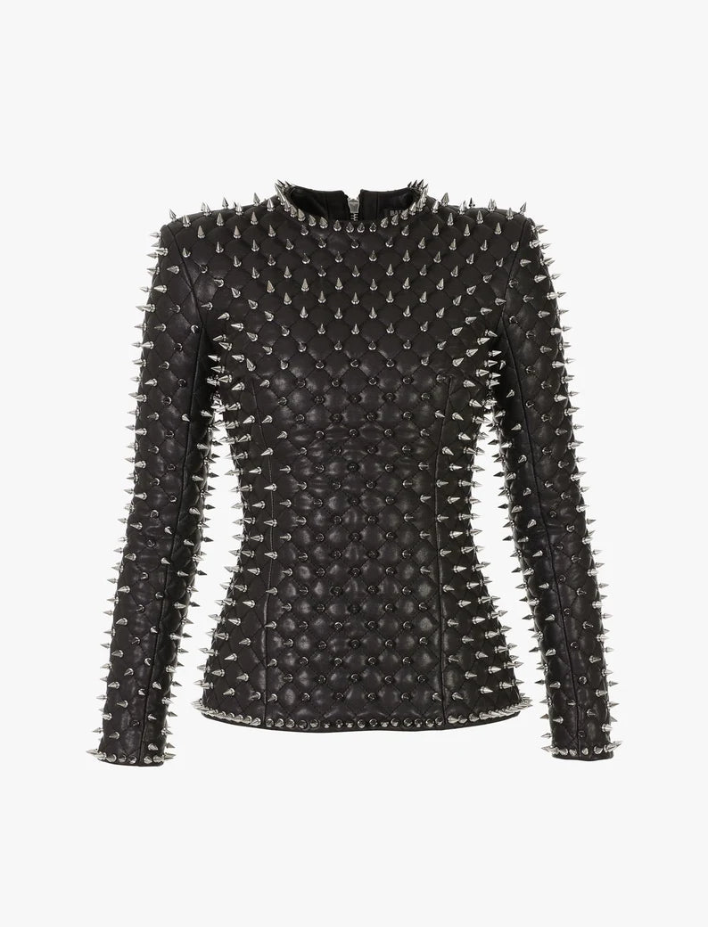 WOMEN Silver Studded Leather Jacket TOP ONLY, Spiked Leather Jacket, Women Steam Punk Spike Jacket, Gothic Hippie Silver Spikes Jacket Women
