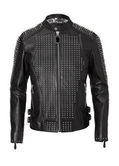 Bomber Black Color Gothic Jacket, Men's Silver Studded Personalized Jacket, Handmade Motorbike Punk Fashion Jacket
