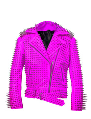Violet Punk Brando Jacket, Heavy Metal Spiked Studs Jacket, Handmade Silver Studs Jacket, Men's Belted Gothic Jacket, Long Spiked Jacket,