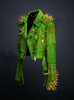 Green Gothic Punk Leather Jacket – Men’s Custom Brando Moto Fit with Golden Spikes, Waist Belt & Studwork