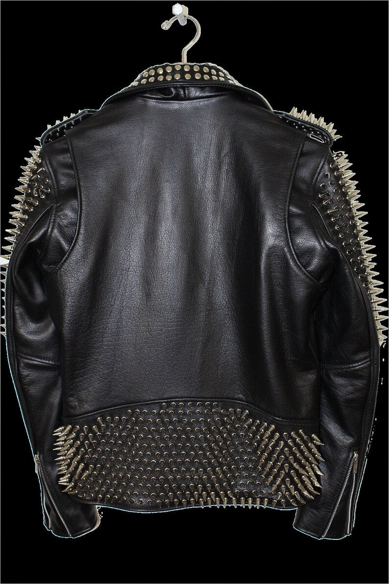 Dominant Spiked Leather Biker Jacket Steampunk Gothic Silver Studs & Brando Lapel Collar
