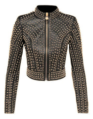 Women Black Studded Leather Golden Dome Studs Rock Steam Punk Style