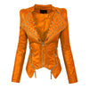 Women's Orange Cowhide Leather Jacket Punk Rock Biker Style with Zipper Details & Pyramid Studded Collar