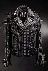 Steampunk Handmade Jacket, Heavy Metal Long Spiked Gothic Jacket, Personalized Multi Studs Jacket, Silver Studded Motorbike Jacket,