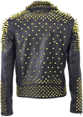 Men Golden Biker Brando Punk Biker Full Black Gold Studded Biker Leather Jacket