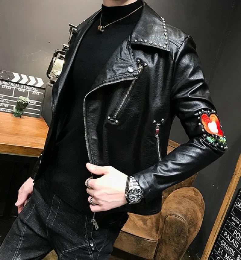Brando Style Patches Leather Jacket Men, Black Fashion Outer Wear Studded, Sakata Butterfly Patch, Customize Biker's Punk Jacket,