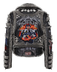 Women's Studded Leather Jacket | Gothic Punk Style | Solid Metal Studs | Customizable Patches | Belted Fashion Jacket for a Unique Look