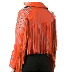 Customize Silver Studs Jacket, Ladies Personalized Motorbike Jacket, Waist Belt Fringes Jacket, Quilted Spike Studs Fashion Jacket,