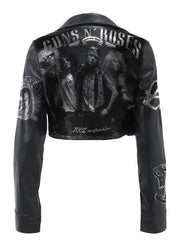 Women’s Black Leather Jacket – Handmade Patchwork Style with Spread Collar, Button Cuffs, Front Closure & Dual Back Patch Options