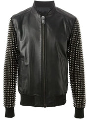 Customize Black Color Jacket, Personalized Spiked Studs Jacket, Men's Bomber Zippered Jacket, Genuine Leather, Rib Cuffs, Punk Jacket,