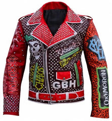 Crimson Anarchy Men’s Red Gothic Punk Leather Jacket with Conical Studs, Chaos Patches & Brando Biker Fury