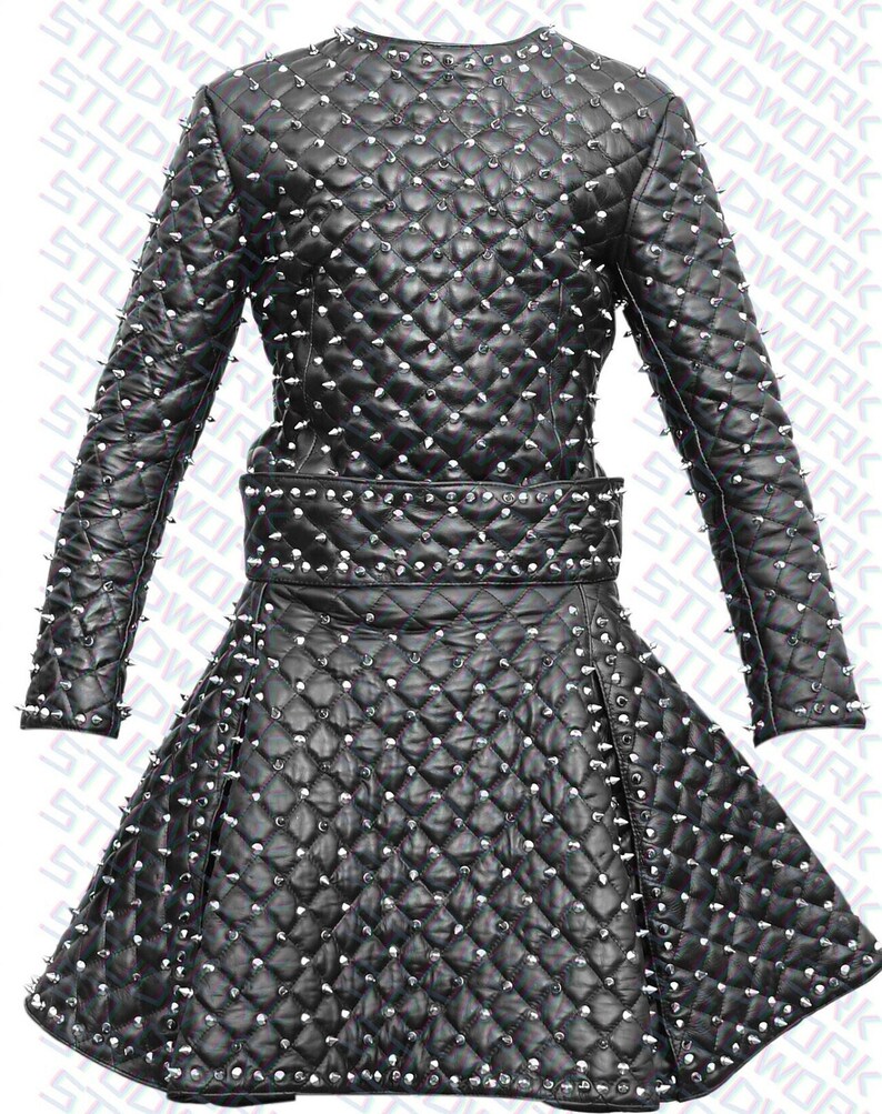 Handmade Women 2 piece Stylish Silver Studded Dress Jacket and Skirt Leather, Bachelor Party Back Zippered Fashion Costume 2 piece Dress