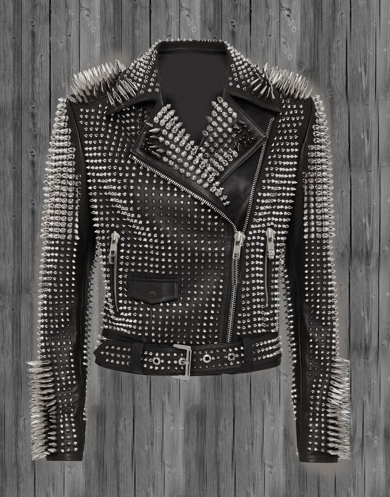 Studded Leather Jacket, Women Spiked Leather Jacket, Women Steam Punk Rockers Jacket, Gothic Hippie Studs and Spikes, Spiked Genuine Leather