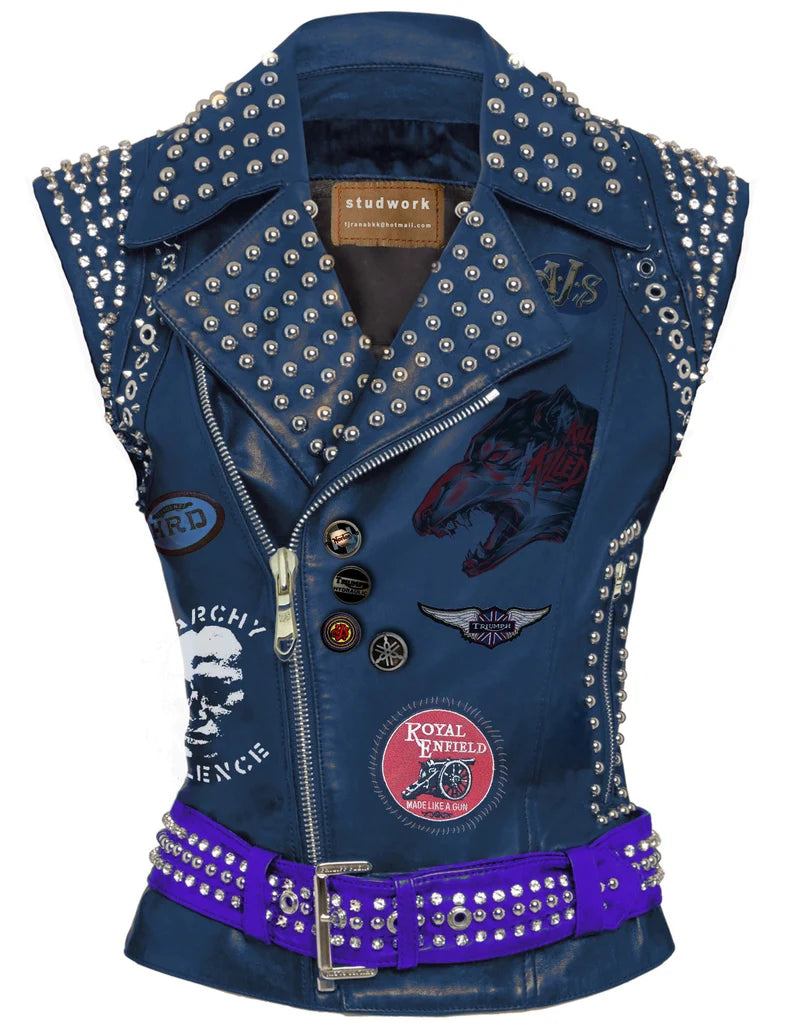 Frightening Monster Blue Leather Outer Wear, Silver Round Studded Gothic Vest Jacket, Handmade Waist Belted Punk Rock, Sleeveless Jacket,
