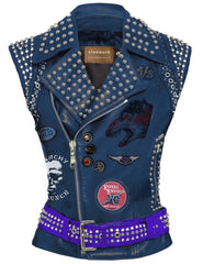 Frightening Monster Blue Leather Outer Wear, Silver Round Studded Gothic Vest Jacket, Handmade Waist Belted Punk Rock, Sleeveless Jacket,