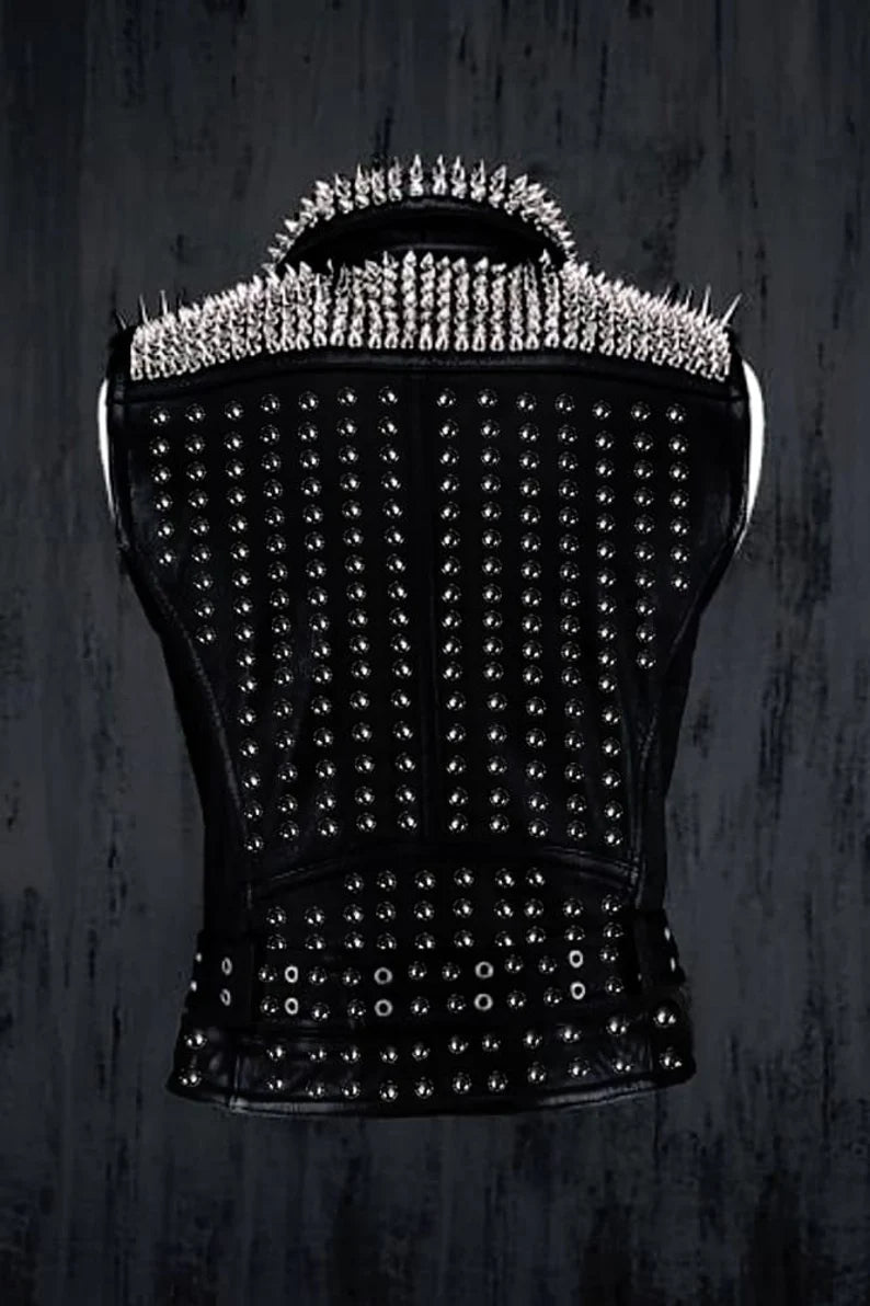 Bikers Leather Vest Jacket, Handmade Spiked Punk Vest, Men Belted Vest, Personalized Motorbike Brando Zipper Heavy Studs Vest,