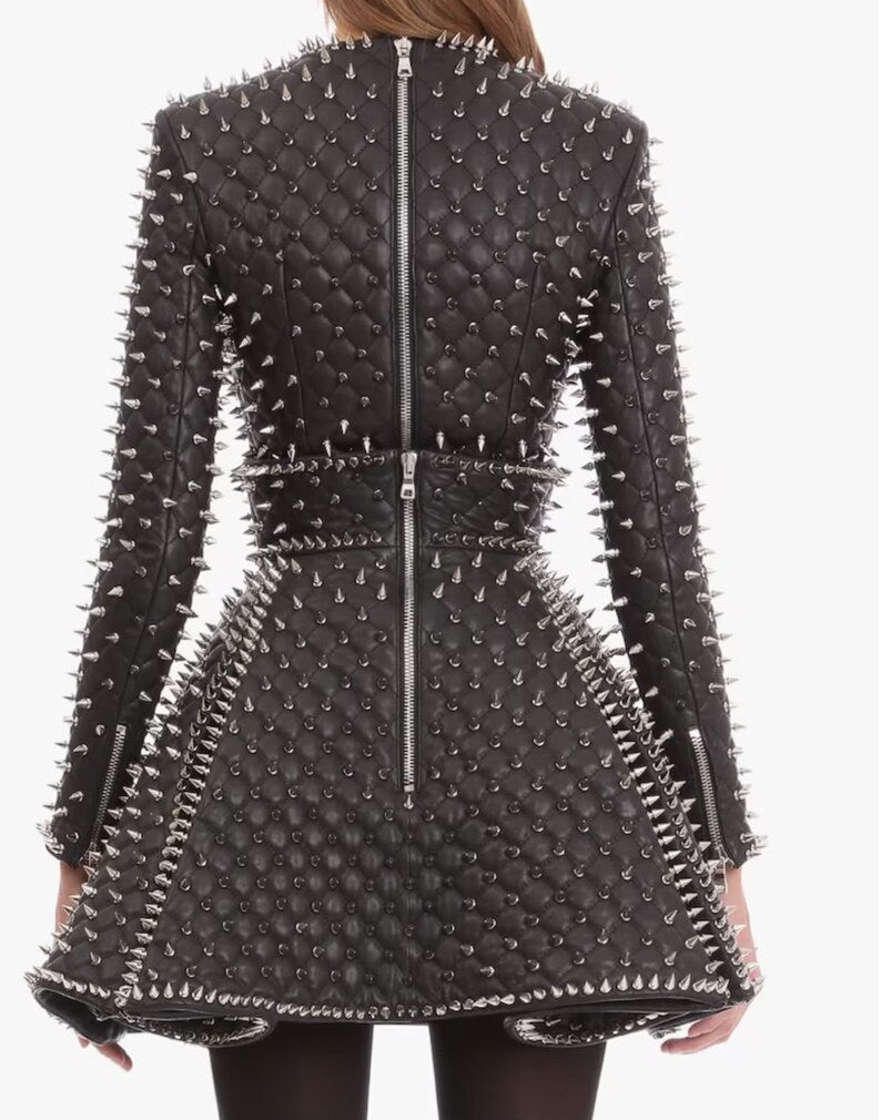 Handmade Women 2 piece Stylish Silver Studded Dress Jacket and Skirt Leather, Bachelor Party Back Zippered Fashion Costume 2 piece Dress