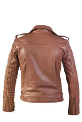 Handcrafted Golden Studded Leather Jacket Biker's Gothic Punk Epaulet Design