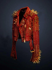Custom Red Gangster Leather Jacket – Golden Spikes, Brando Biker Fit, Waist Belted Gothic Steampunk Style for Men