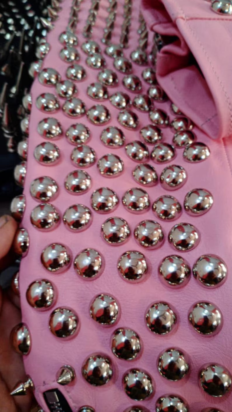 Women Pink Studded Leather Rock Steam Punk Style Biker Jacket, Women Silver Studs Spiked Pink Jacket