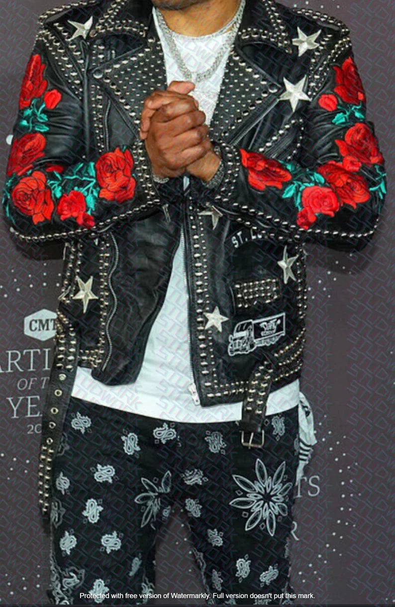 Motorcycle Brando Men's Punk Flower Patches Fashion Premium Leather Silver Studded Waist Belted Jacket