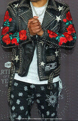 Motorcycle Brando Men's Punk Flower Patches Fashion Premium Leather Silver Studded Waist Belted Jacket