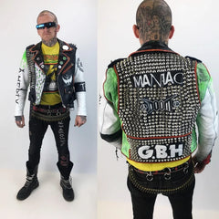Heavy Metal Cone Studded Patches Jacket, Men's Bikers Personalized Steampunk Jacket, Customize Brando Motorcycle Gothic Belted Jacket,