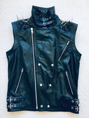 VEST JACKET HANDMADE Men Black Punk Silver Long Spiked Studded Leather Buttons Up Vest Silver Studs and Spikes Black Leather Studs Spike