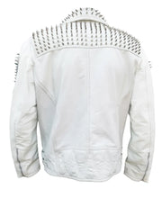 Made To Order Silver Studded White Leather Brando Jacket Men, Leather Jacket Gents Biker Jacket