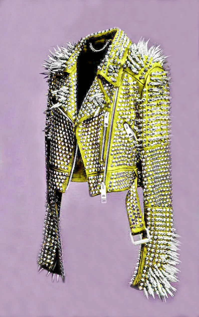 Women Yellow Spiked Studded Leather Jacket Steam Punk Gothic Rockers Jacket
